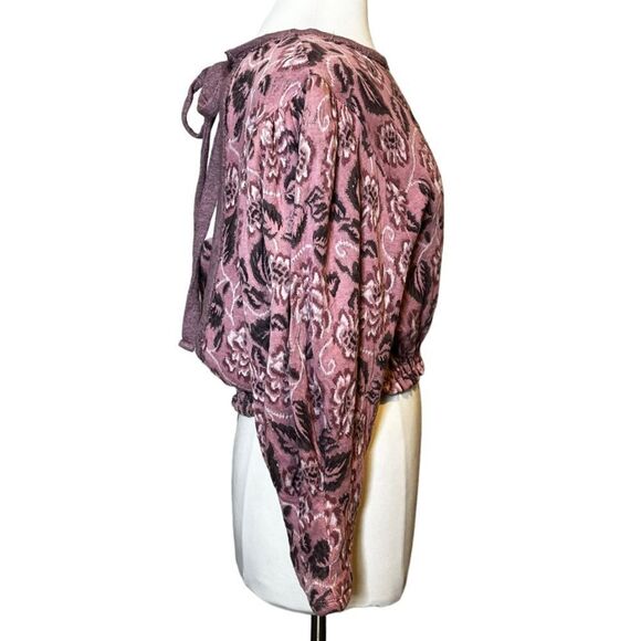 FREE PEOPLE No Ordinary Top Floral Jacquard Puff Sleeve Open Back Crop Sweater - Picture 6 of 9